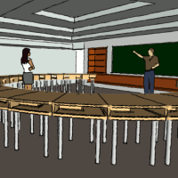 Interior standard classroom view, shows one setup of custom desks